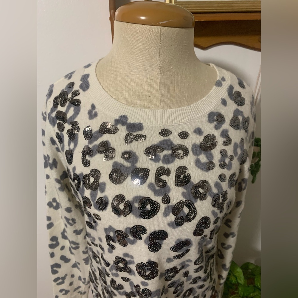 INC Wool Silk Cashmere Blend Sequin Leopard Sweater PM Animal Print Petite M - Picture 7 of 14